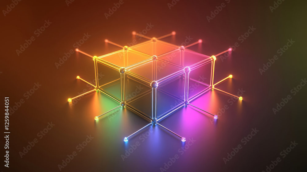 Poster vibrant 3d rendering of multicolored cubes with glowing edges, creating captivating visual effect. i