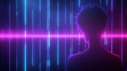 silhouette of person against vibrant digital background featuring vertical lines in blue and pink hues, creating futuristic atmosphere