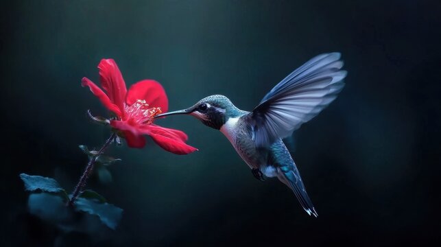 A hummingbird is perched on a red flower