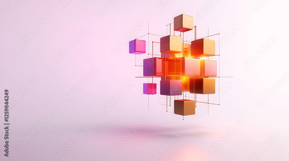 Poster visually captivating abstract design featuring colorful cubes arranged in dynamic formation, radiati