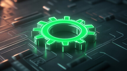 vibrant green cog symbol illuminated on dark, textured background, representing technology and innovation. glowing effect adds modern touch to design