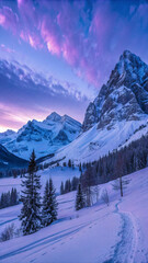 Fototapeta premium Snow-Covered Mountains at Twilight with Vibrant Purple Sky
