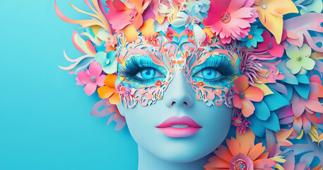 Fototapeta premium A paper art masterpiece of a woman wearing an intricate mask with pastel flowers, blue eyes, and long eyelashes is set against a light blue background, radiating creativity and artistic elegance.