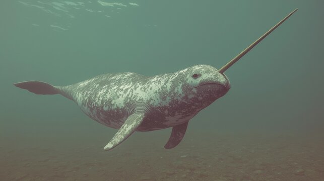 Digital illustration of a narwhal swimming in the ocean. the narwhale is in the center of the image, with its body facing towards the right side of the frame.
