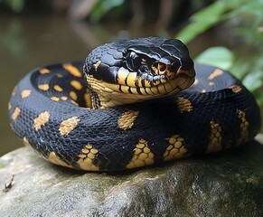 Obraz premium Black Mangrove Pit Viper coiled around a branch, Indonesia