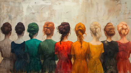 Women in a row, from behind, looking at a wall, dressed in colored dresses, painting style