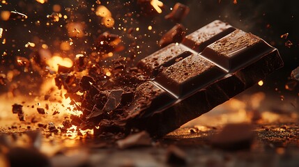 A dramatic close-up of a chocolate bar splitting open, smooth swirling patterns of cream and ganache revealed, glossy chocolate fragments glowing under cinematic golden lighting,