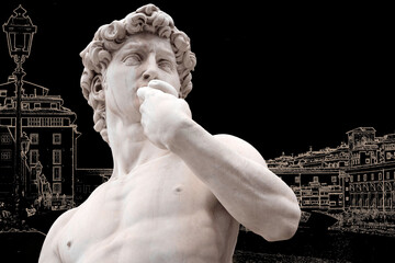 Detail of the copy of Michelangelo's statue of David in Florence with abstract background of Ponte...