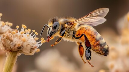 Fototapeta premium Close-up of a bee on a flower. the bee is in mid-flight, with its body facing towards the right side of the image. its wings are spread out, and its antennae are extended.