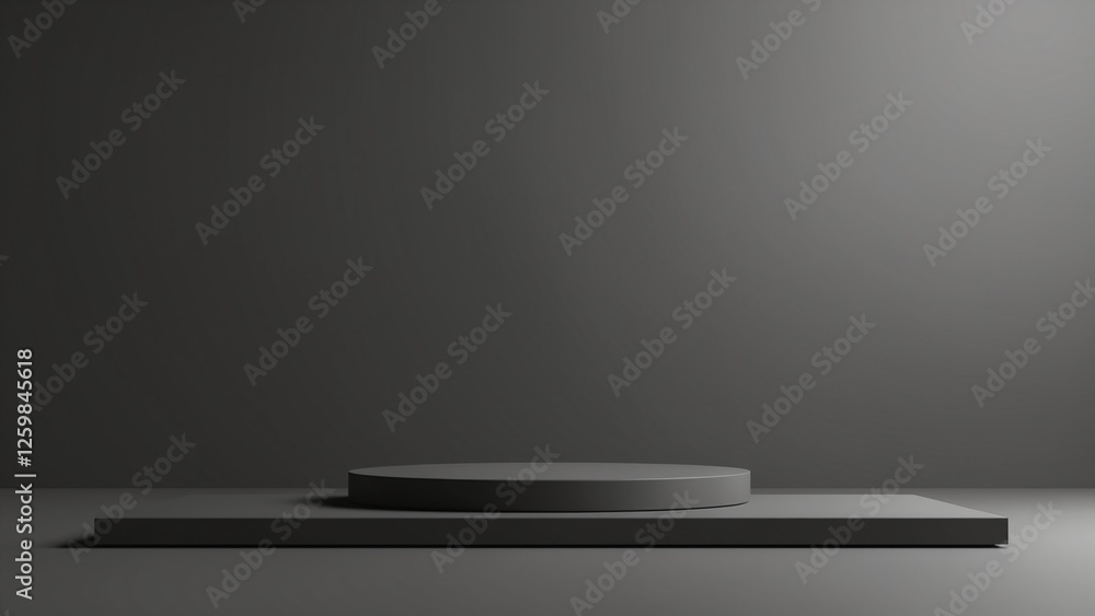 Aufkleber Black podium or pedestal display on dark background with long platform. Blank product shelf standing backdrop. 3D rendering