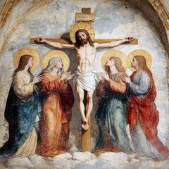Naklejka premium A photorealistic painting depicting the crucifixion of Jesus Christ. AI generative.