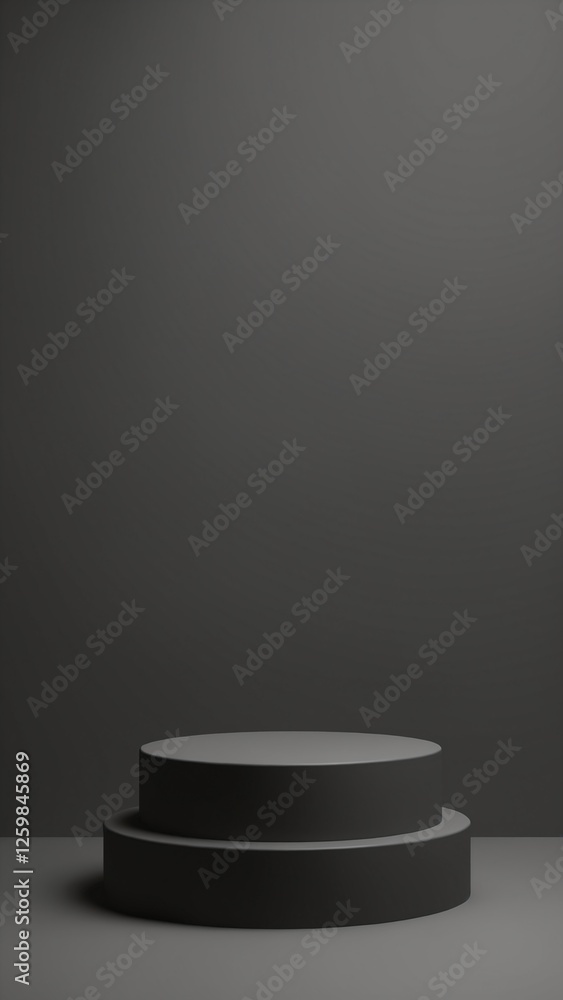 Aufkleber Black podium or pedestal display on dark background with long platform. Blank product shelf standing backdrop. 3D rendering