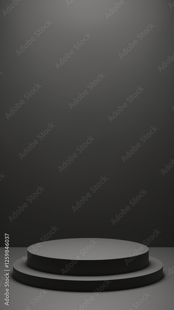 Aufkleber Black podium or pedestal display on dark background with long platform. Blank product shelf standing backdrop. 3D rendering