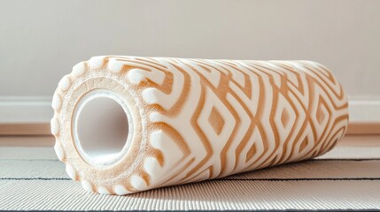 Cylindrical object with a white base and a brown and white patterned design on it. the pattern appears to be a zigzag or diamond-like design with a repeating geometric pattern.