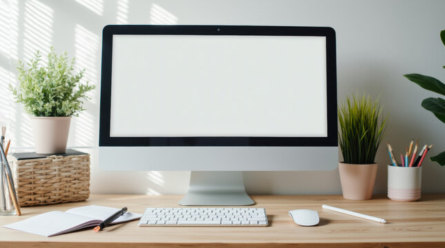 Workplace with a large monitor and small pots with green plants on the sides.