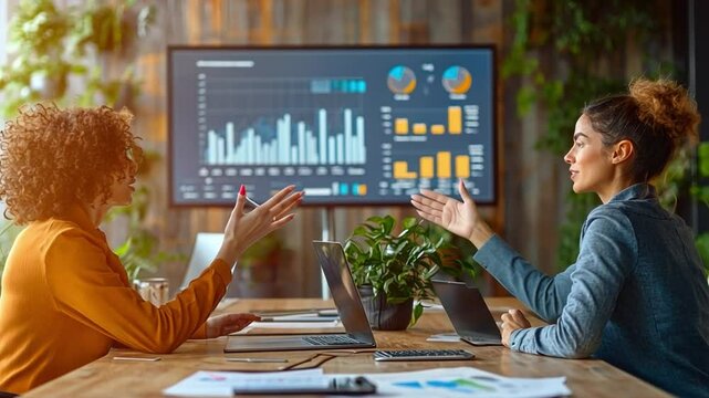 Data-Driven Dialogue: Two businesswomen engage in a lively discussion, their eyes fixed on a dynamic display of financial charts and data. The scene, set in a modern, plant-filled office.