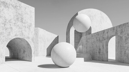 Black and white photograph of a concrete structure with three spheres in the center. the spheres are spherical and appear to be made of a smooth, polished material.