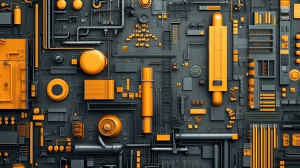 Fototapeta premium A bold factory planning map in high-contrast orange and gray on a matte black background