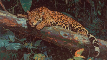 Illustration of a jaguar resting on a tree branch in a tropical forest. the leopard is lying on its side with its head resting on the branch and its body stretched out to the side.