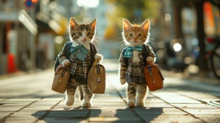 Two cute kittens, wearing school uniforms and carrying school bags, standing and walking in the middle of a busy street