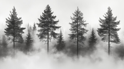 Tall pine trees silhouetted in morning fog creating mysterious forest atmosphere. Moody black and white nature landscape with evergreen trees