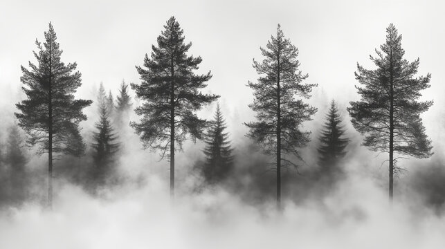 Tall pine trees silhouetted in morning fog creating mysterious forest atmosphere. Moody black and white nature landscape with evergreen trees - Powered by Adobe