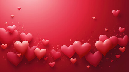 Bright red background with 3D hearts located at the bottom.