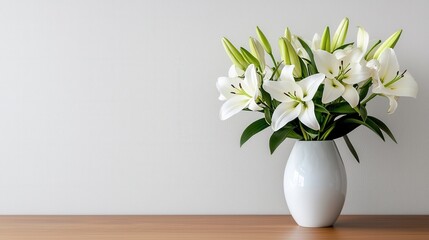 A white vase with white flowers sits on a wooden table