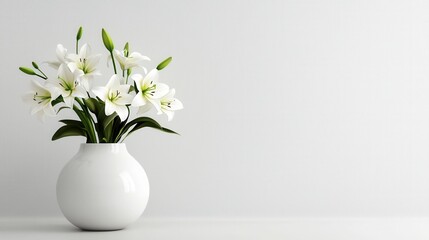 A white vase with white flowers in it sits on a white table