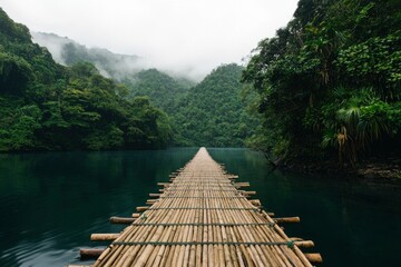 Bamboo Bridge Over River serene misty jungle scenery. For travel/nature projects