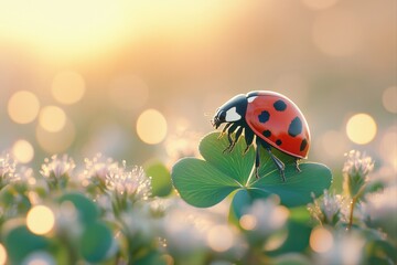 Ladybug on clover leaf nature scene macro photography golden hour vibrant colors