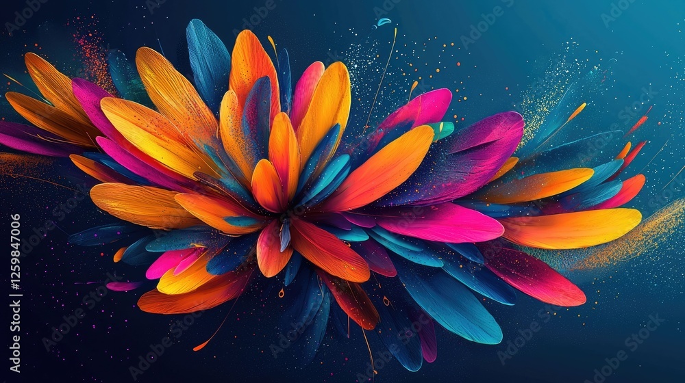 Poster a dynamic explosion of colorful petals and brushstrokes in an abstract art style.