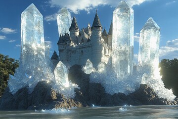 Majestic castle surrounded by towering crystal formations on a misty mountaintop