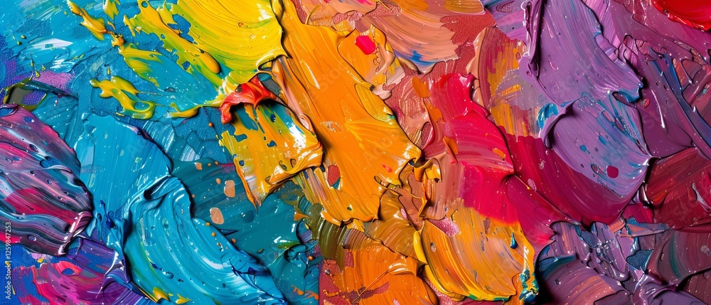 Poster fragment of a multicolored abstract texture painting with rough brushstrokes and palette knife appli