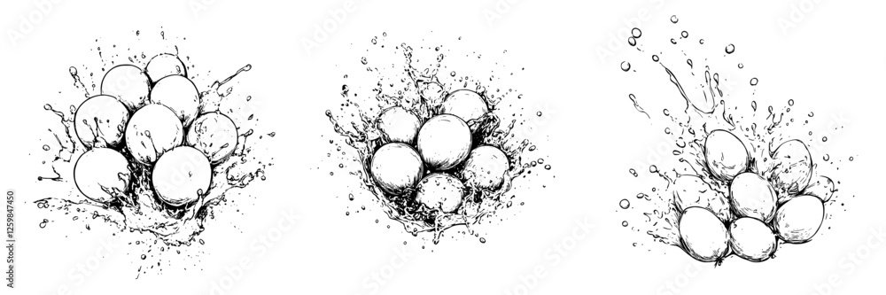Poster creative illustration of eggs splashing into water with dynamic movement captured in a minimalist st