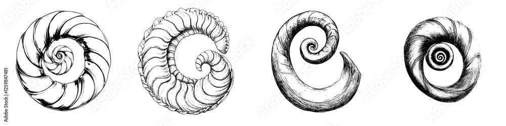 Poster unique spiral shell designs displayed in a row showcasing intricate patterns and textures