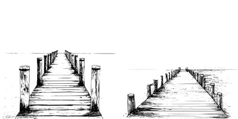 Wooden pier extends towards calm waters in a minimalist black and white illustration showcasing tranquility and perspective