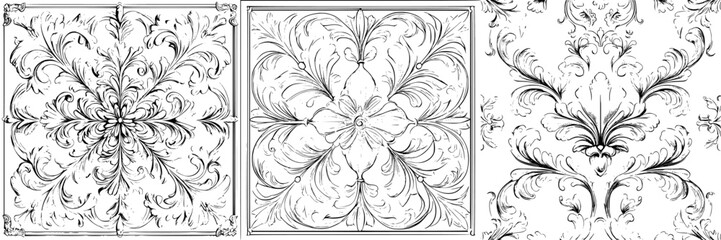 Elegant floral patterns in black and white showcasing intricate designs and classic motifs from historical art