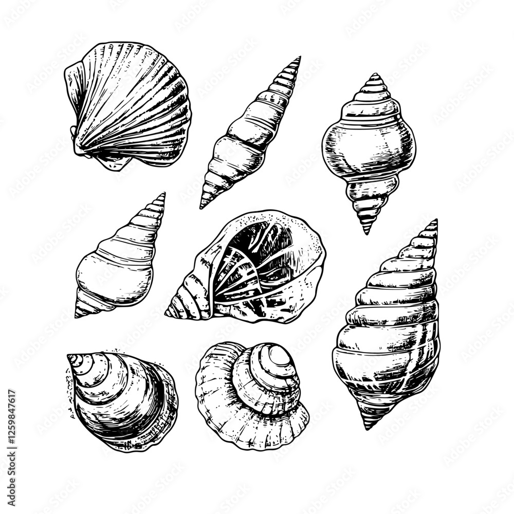 Poster Various sea shells arranged in an artistic pattern showcasing unique shapes and textures deep within a coastal theme