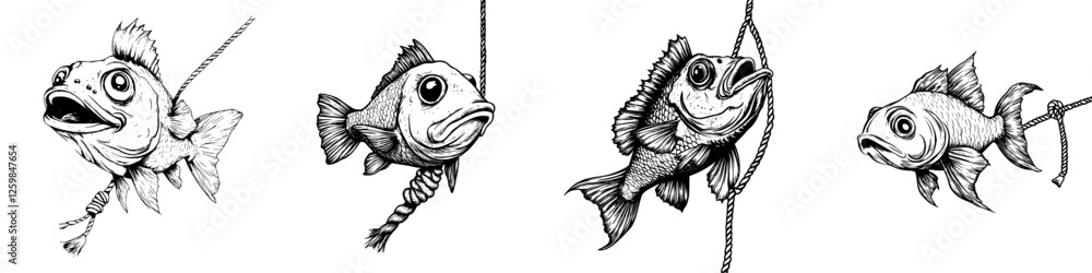 Poster fish illustrations with ropes and expressions depicting motion and emotion in an artistic style