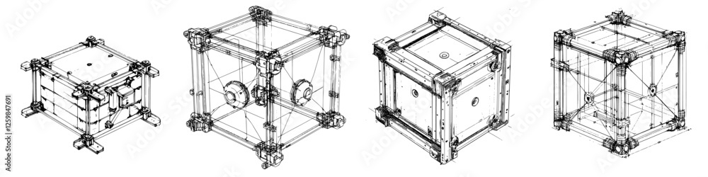 Poster intricate design of modular cubes showcased from multiple angles in a technical illustration