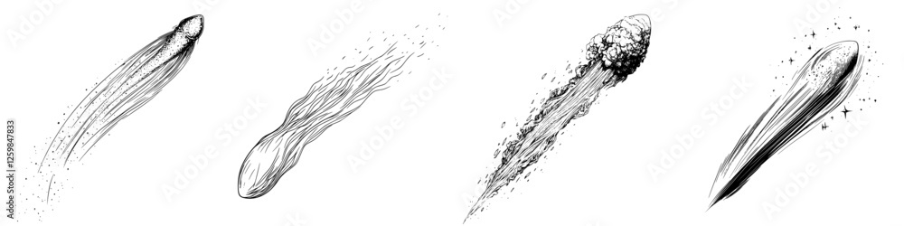 Poster illustrations of comets showing various tail shapes and characteristics in a celestial display
