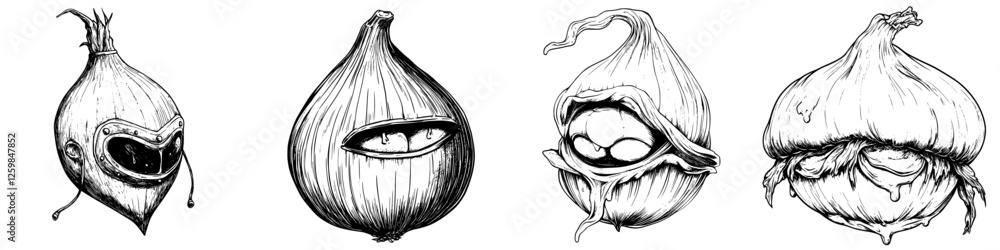 Poster exploring unique vegetable designs with distinct characters and expressions in monochrome style