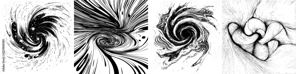 Poster dynamic patterns of swirling shapes and lines showcase abstract art techniques with black ink on whi