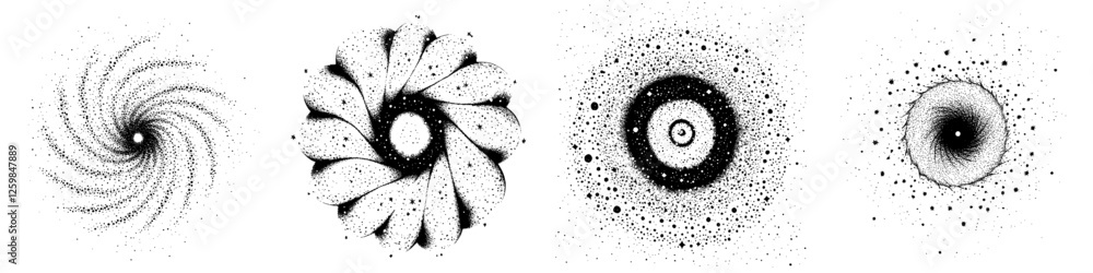 Poster abstract representations of galaxies showcasing different spiral designs with contrasting textures a