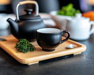 Fototapeta premium A serene tea setup featuring a black teapot and cup on a wooden tray, accompanied by fresh herbs, creating a soothing atmosphere.