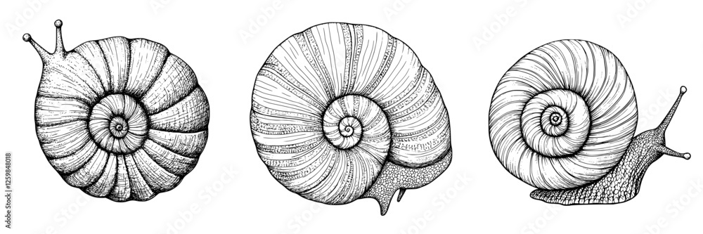 Poster collection of detailed sketches of snails showcasing their unique shell patterns and forms in an art