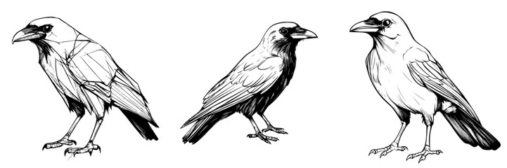 Fototapeta premium Detailed illustration of three stylized raven drawings showcasing different artistic techniques