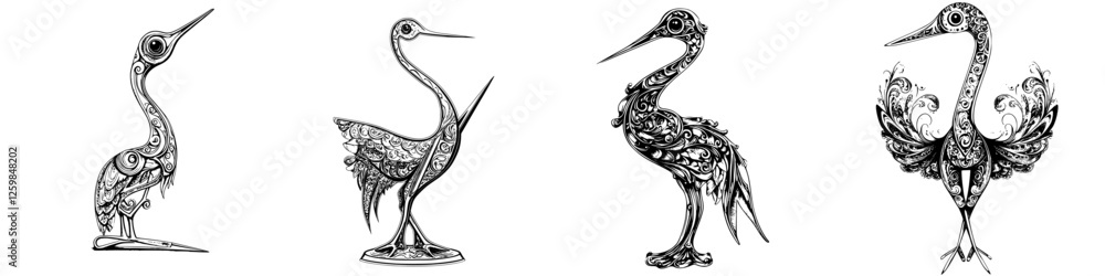 Poster stylized bird illustrations showcasing artistic designs and intricate patterns in a monochrome forma