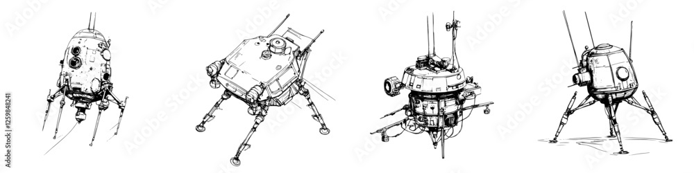 Poster exploration devices designed for lunar missions showcasing varying structures and features in a crea